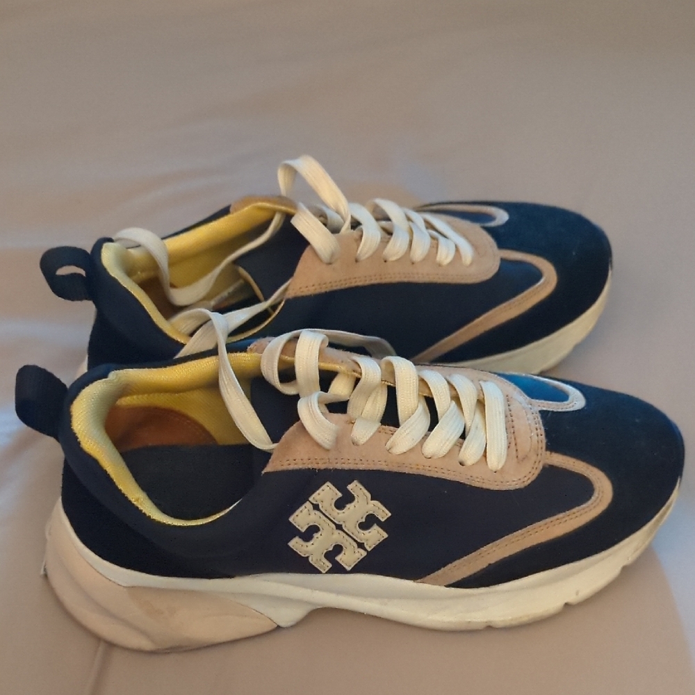 Tory Burch Sz 8.5 Black and Beige Sneakers with Logo Good Luck Trainers
